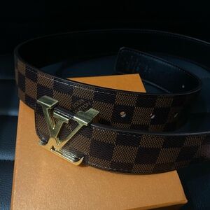 Louis Vuitton Brown Checkerd Leather Belt with Gold Buckle